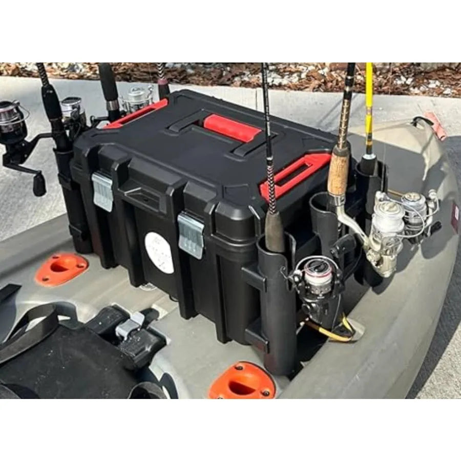 Kayak Fishing Crate - 6 Integrated Rod Pole Holders, Tackle Box Accessory Storage Area and Tray with Lockable Lid - No Assembly