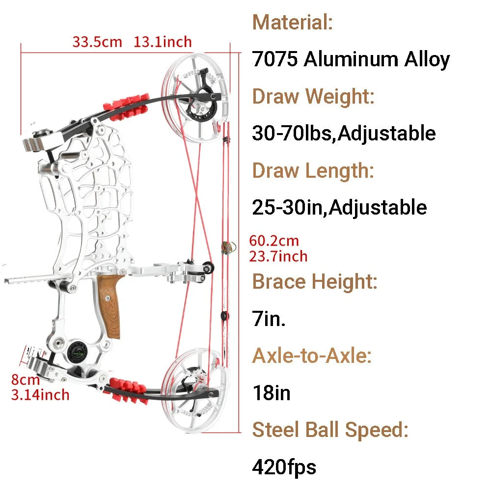 Compound Bow 30-70lbs Adjustable Dual-Purpose 80% Let-off High Speed 420FPS for Hunting Shooting Steel Ball and Target Practice Right Hand Archery