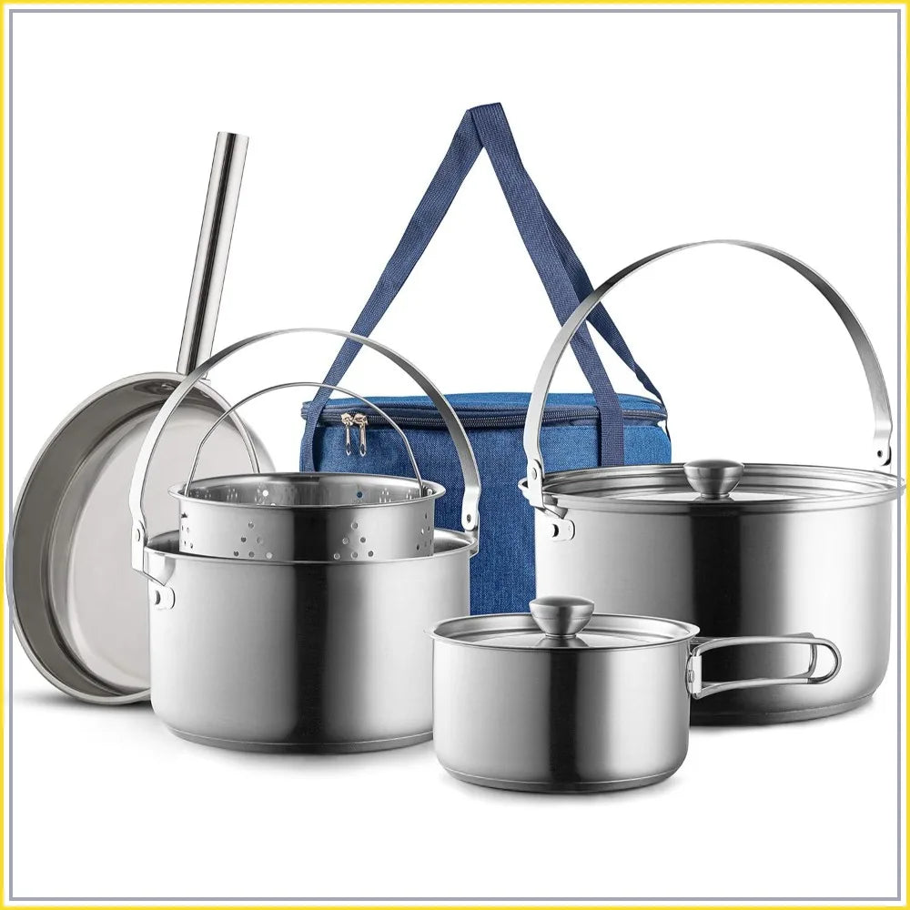 304 Stainless Steel 8-Piece Camping Cookware Set with Frying Pan, Steamer & Travel Tote Bag for Outdoor Indoor Kitchen