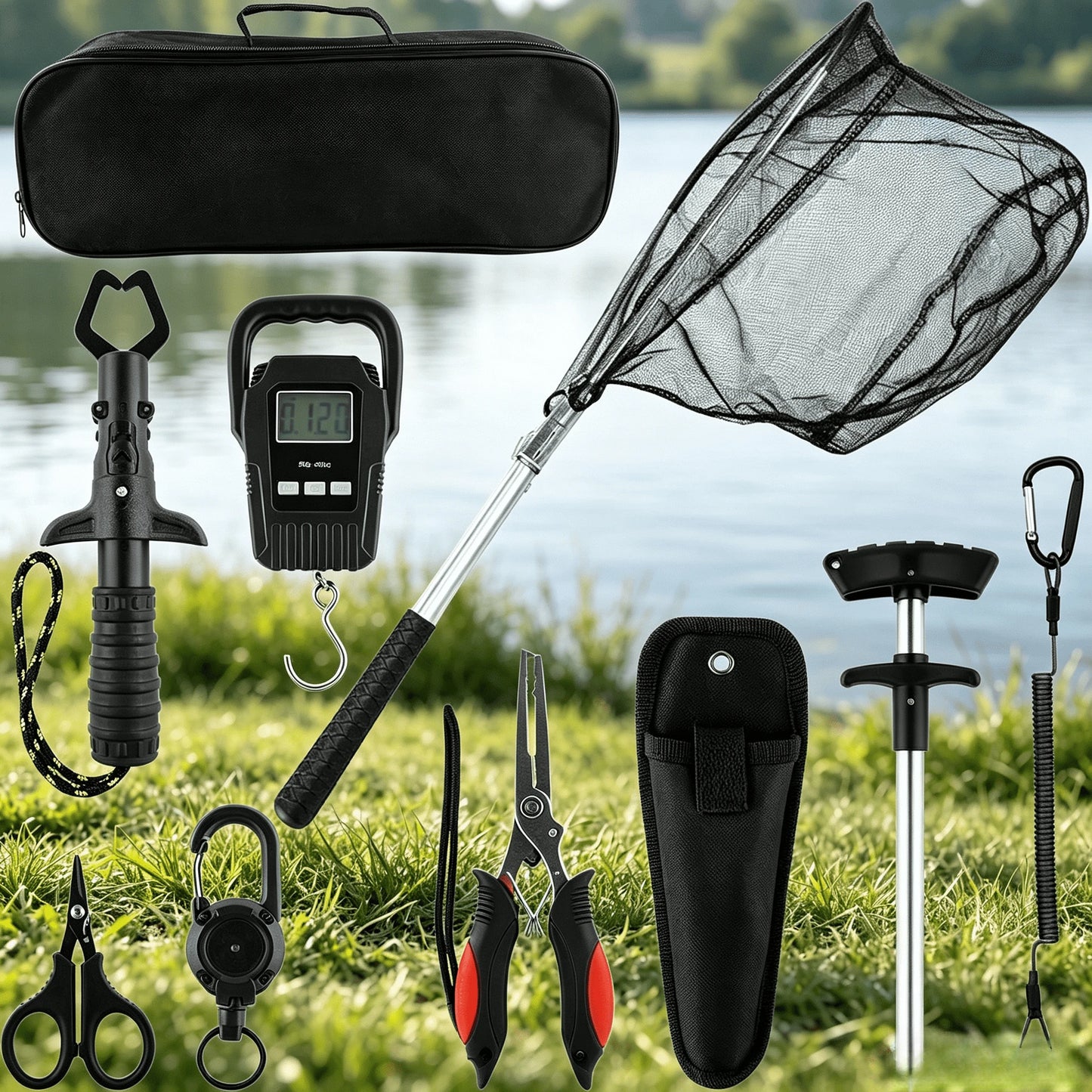 10Pcs Fishing Accessory Tool Set Foldable Landing Net Pliers Gripper Scale Scissors with Carry Bag Outdoor Angling Gift