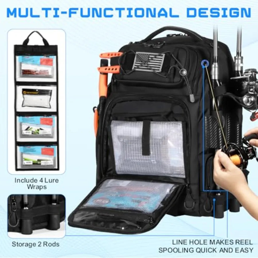 50L Fishing Tackle Backpack with Removable Lure Wraps, Include 4 3600 Tackle Boxes, 2 Rod Holders Storage Fishing Gear and Equi