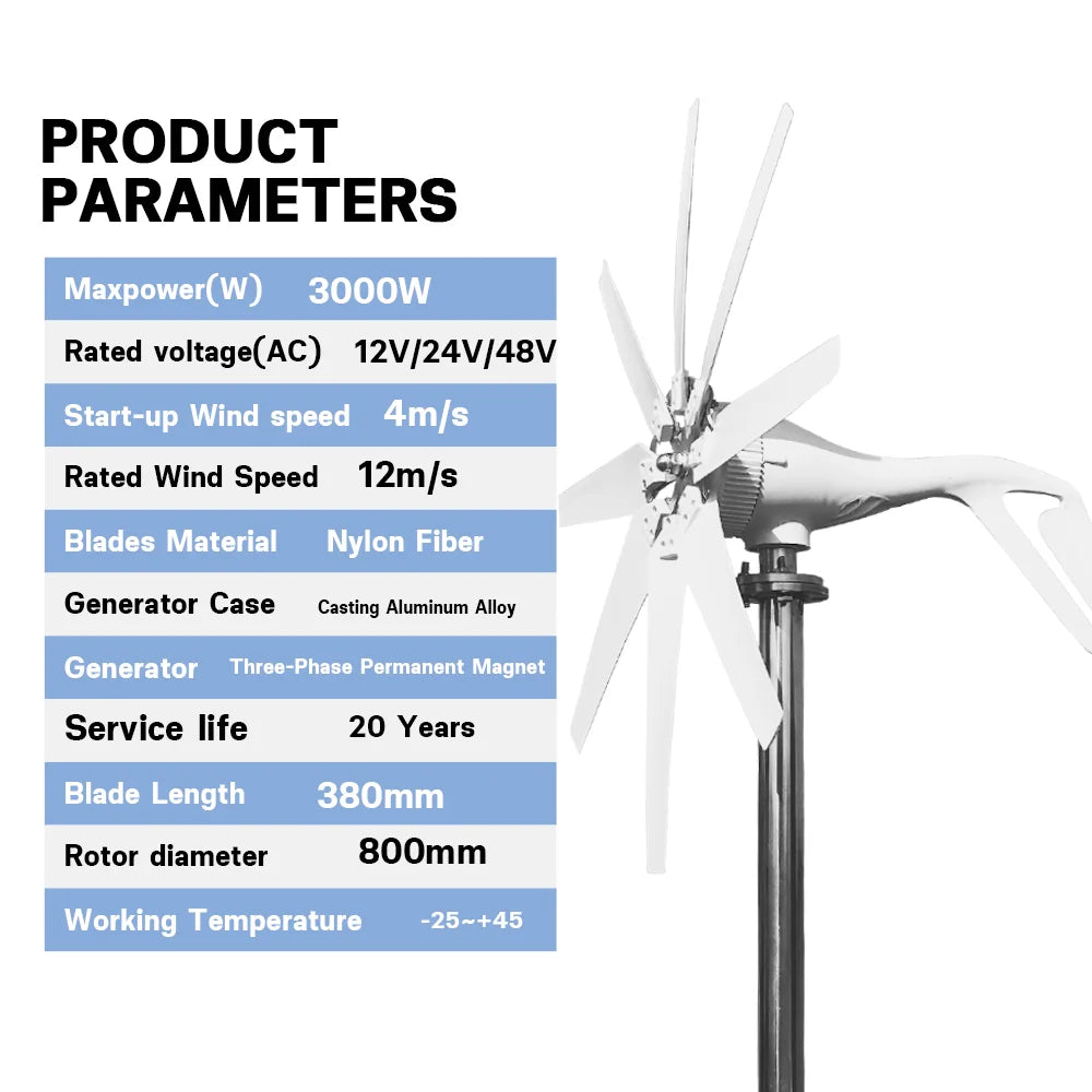 3000W Small Windmill 8 Blades Wind Turbine Generator Kit 12/24/48V with Wind-Solar Hybrid Controller High efficiency Free Energy