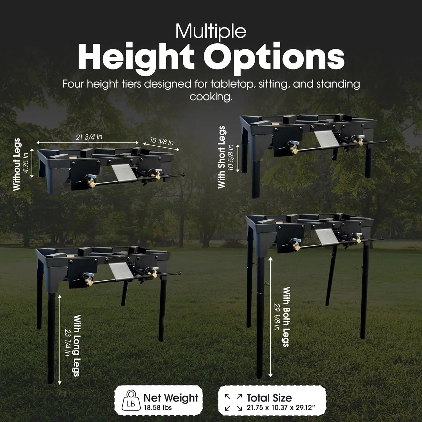 Double Propane Burner Camping Stove, Adjustable Height 4-Tier Legs, Cast Iron Portable Gas Stove for Outdoor Cooking