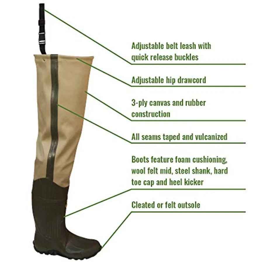 Fishing bootfoot hip wader for outdoor use, waterproof PVC canvas material, black color, 3-ply durable construction with felt s