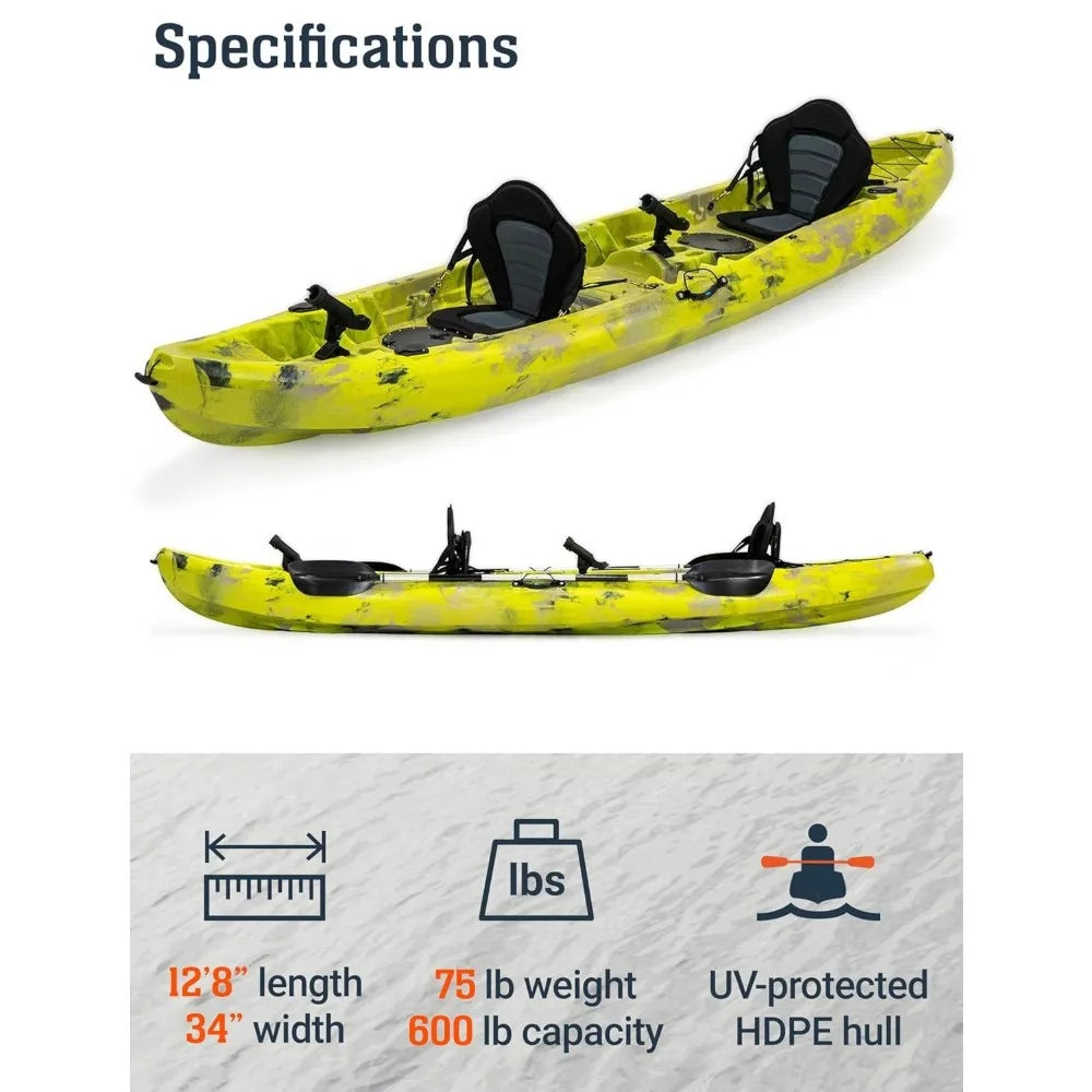 12.5ft Tandem Sit-On-Top Fishing Kayak for 2-3 Person, Padded Seats, Paddles, 6 Rod Holders & 600lb Capacity, Custom