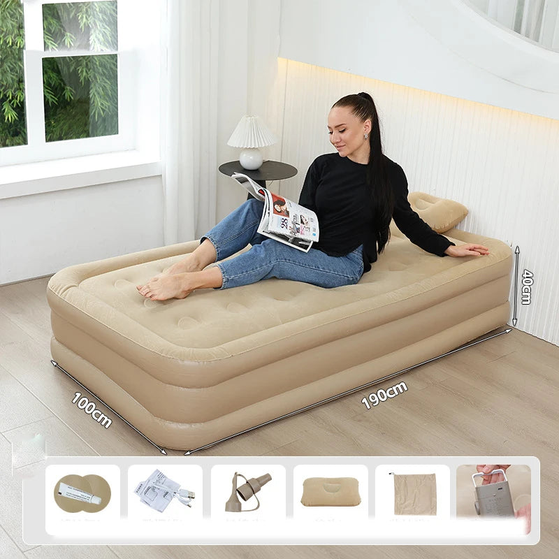 Home Floor-laying Folding Automatic Inflatable Mattress Air Bed Portable Outdoor Camping Flocking Moisture-proof Built-in Pump
