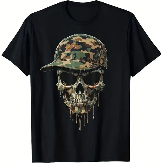 【New Arrival】Cool Camouflage Skull with Cap Graphic T-Shirt Dripping Camo Skull Design Streetwear Casual Short Sleeve Black Crewneck Tops