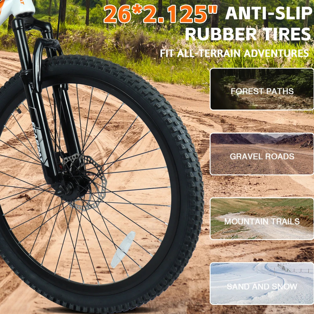 26 Inch Mountain Bike with 21-Speeds & Full Suspension Steel Frame, Alloy Rims, Disc Brakes For All Terrains, Men & Women, Multiple Colors