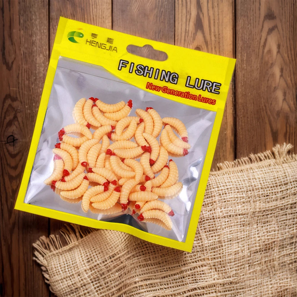 50Pcs 24mm Maggot Grub Soft Fishing Lure Smell Worms Fishing Lures Bionic Maggots Shape Bait for Freshwater Seawater