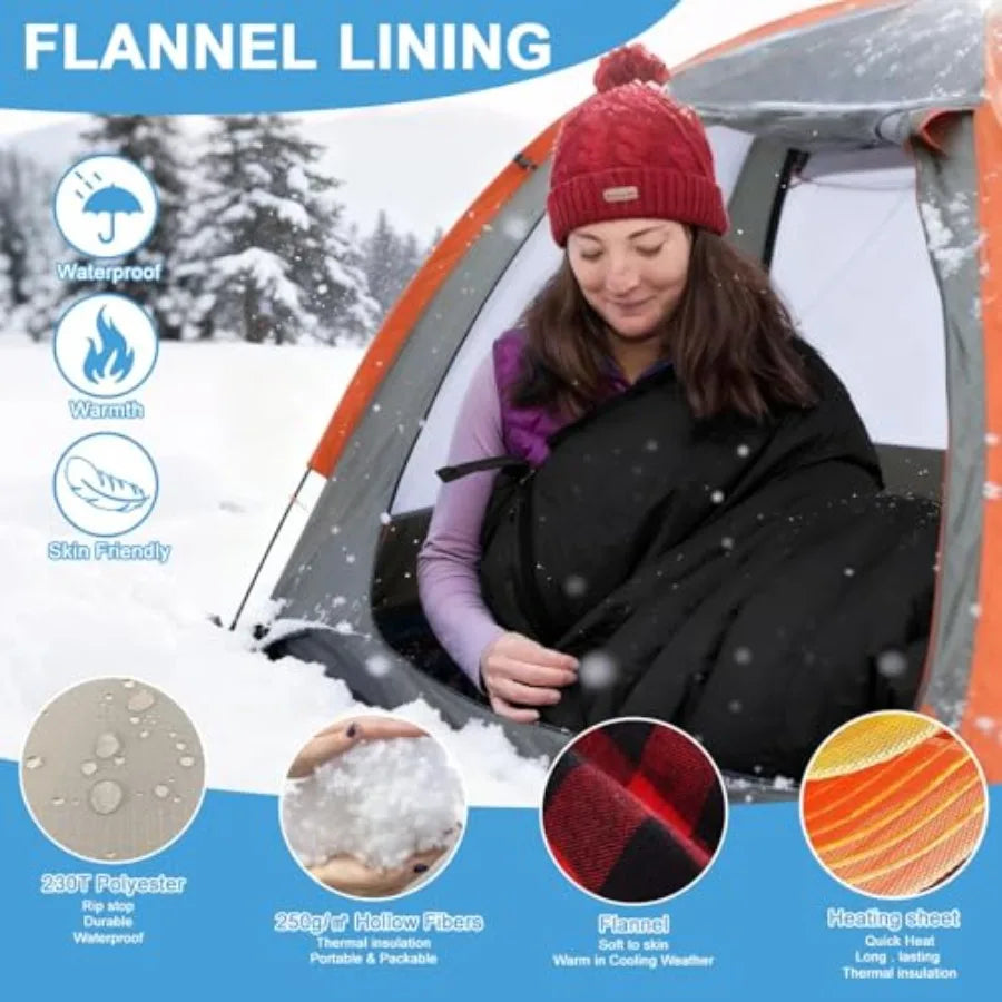 Heated - Portable USB Power Warm Sleeping Bag for Camping with 4 Heating Zones, Cold Weather Sleeping Bag for All Season Campin