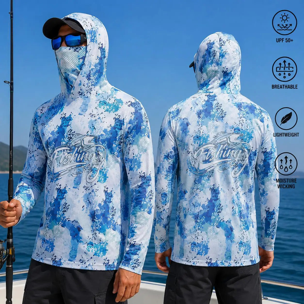 Long Sleeve Fishing Hoodie Protection Breathable Quick Dry Outdoor Fishing Shirt with Face Cover Hood Custom Print Sportswear