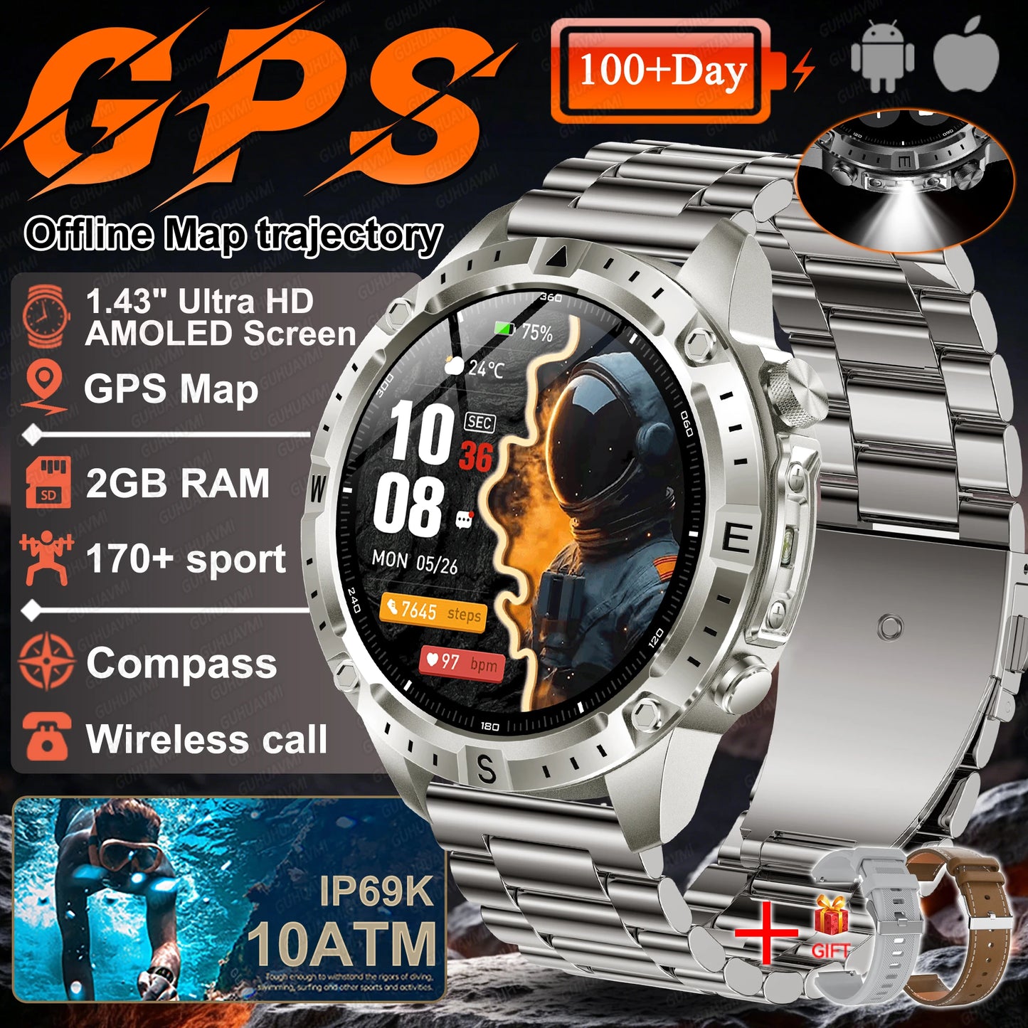 2026 NEW Outdoors Offline Map GPS Smart Watch L1+L2 Dual Band GPS Compass Cycling Run Swim Heart Rate 10ATM Military Smartwatchs