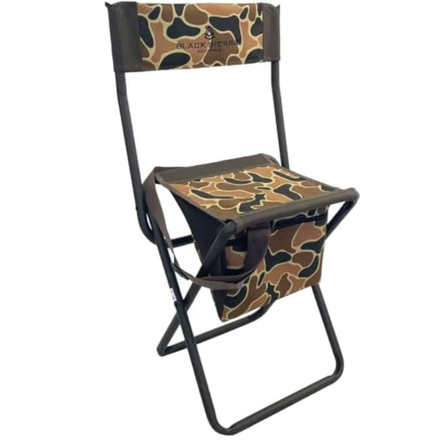 Black Sierra Folding Hunting Stool w/Under Seat Storage Pouch and Carry Strap, Lightweight Portable Hunt Chair w/Backrest, Heav
