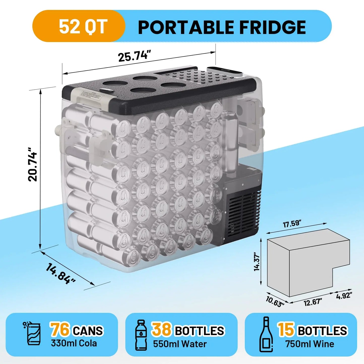 12 Volt Car Refrigerator, 52QT(50L) Electric Cooler, Portable Refrigerator 12V/24V DC 110-240V AC, Car Fridge 0℉~50℉, Portable Freezer with Basket for RV Boat Camping Outdoor Travel