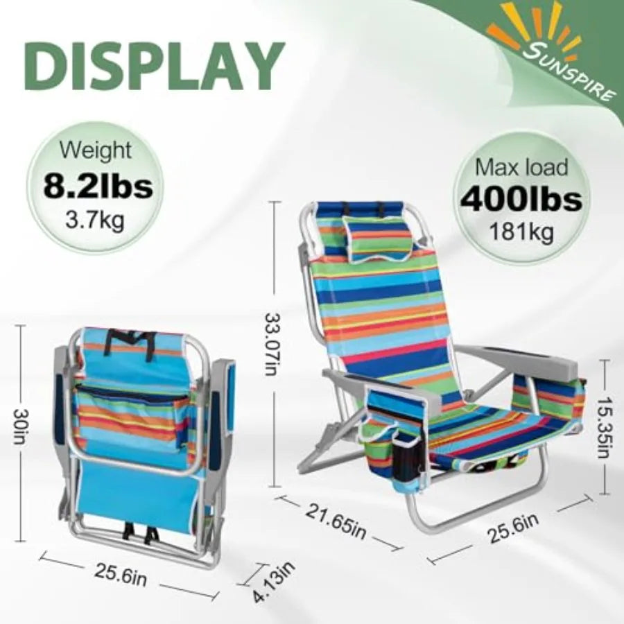 2Pk Aluminum Extra Wide 5-Position Lay Flat Folding Backpack Beach Chairs for Adults, with Cooler Bag, CupPhone Holder, Towel B