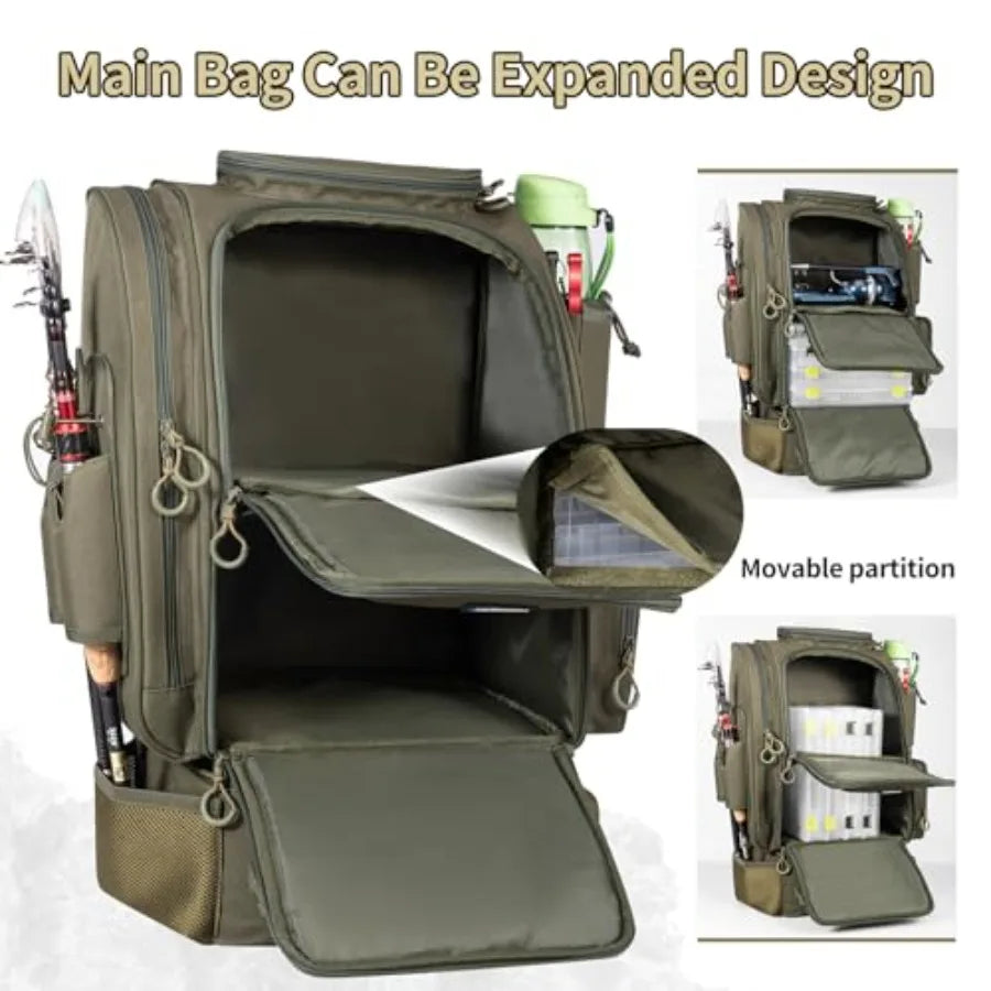 Large Fishing Backpack with Cooler for 3 Tackle Boxes - Fishing Bag with Rod Holders for Camping and Hiking