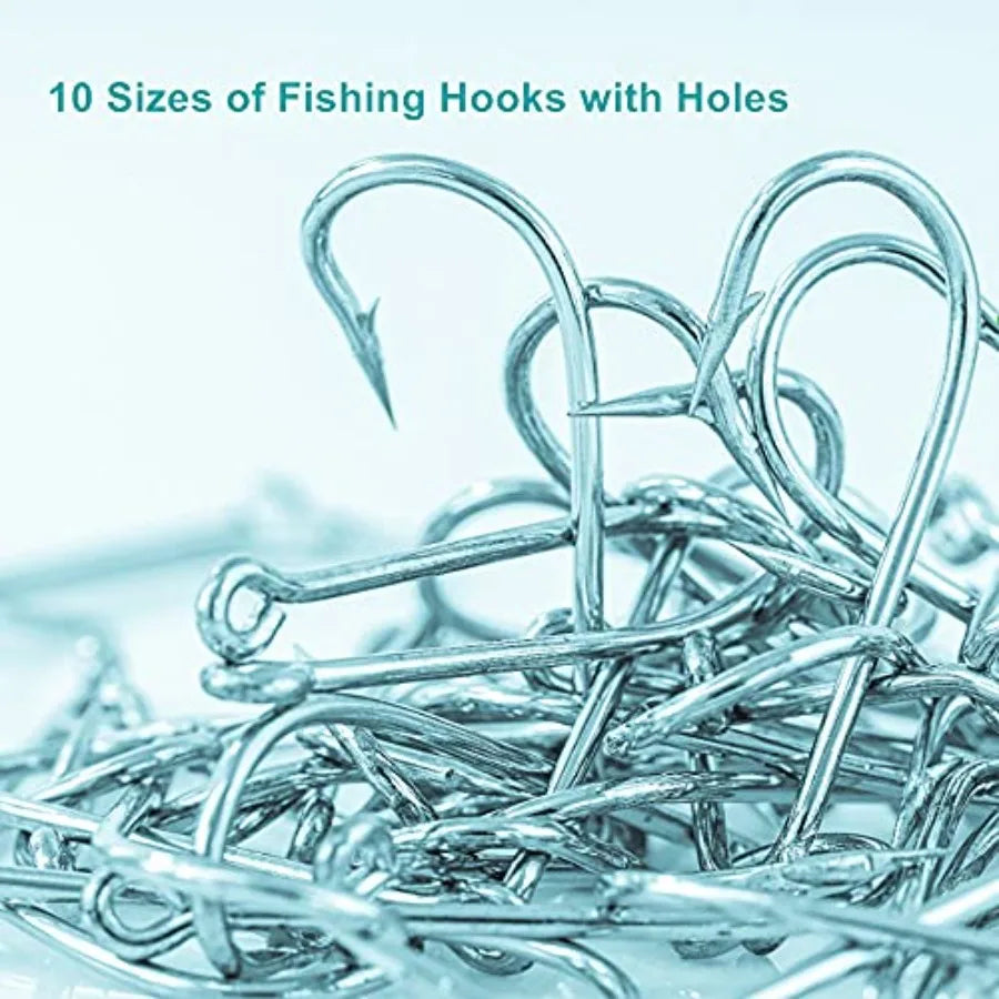 Fishing application, high-carbon steel, silver, 300PCS barbed hooks with holes in 10 sizes, portable boxed, adaptable to variou