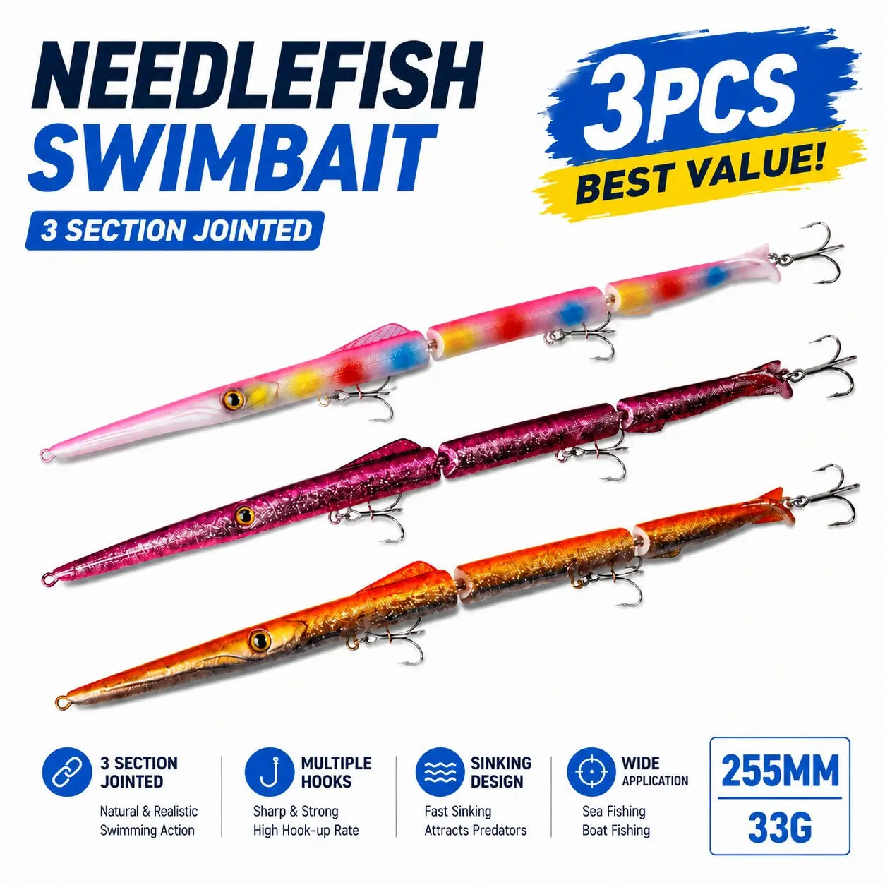 3pcs Jointed Pencil Fishing Lure 255mm 33g 3 Section Lure Needle Sinking Artificial Swimbaits For Saltwater Freshwater Bass Trout Pike Fishing