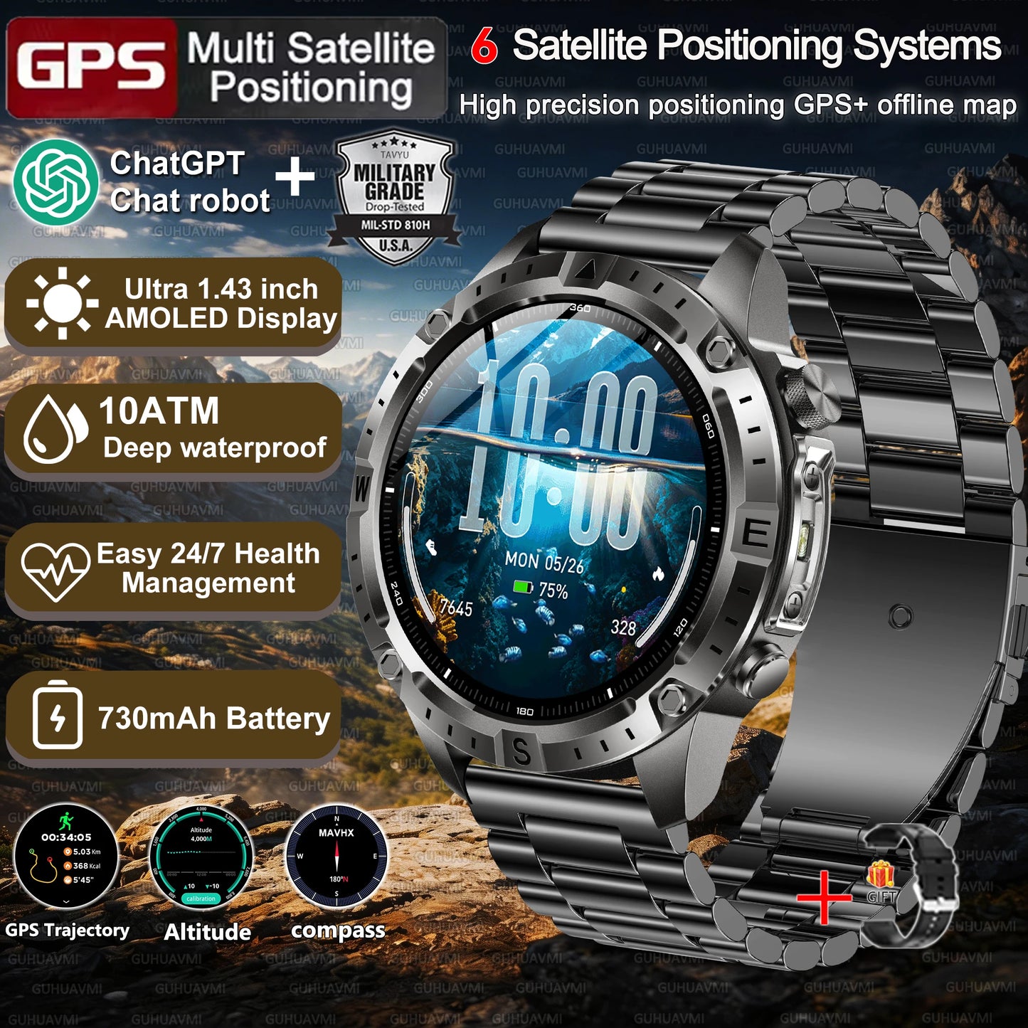 2026New Military Tank GPS SmartWatch Offline Map 10ATM Swim 2GB RAM Music Altitude Compass Bt Call Fitness Sports Smartwatch Men