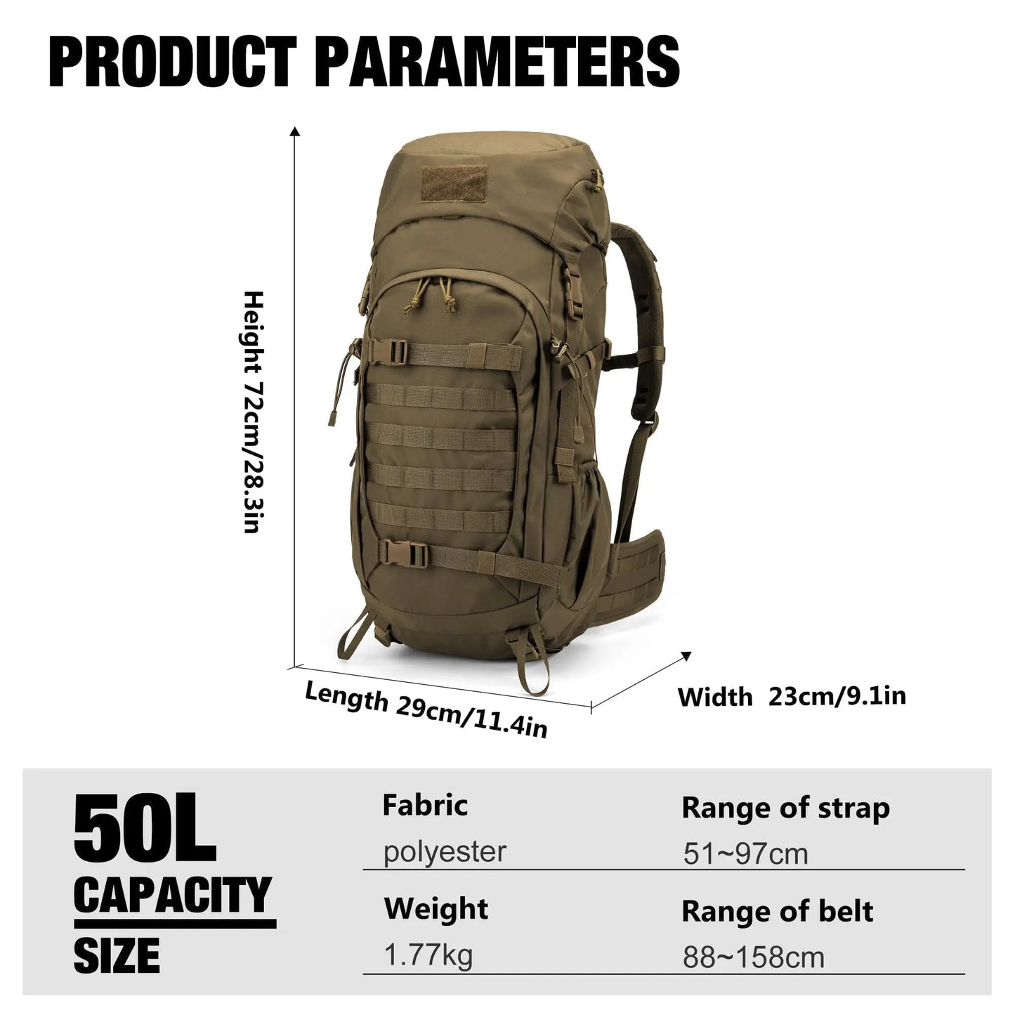 50L Hiking Backpack With Rain Cover For Backpacking Camping Survival