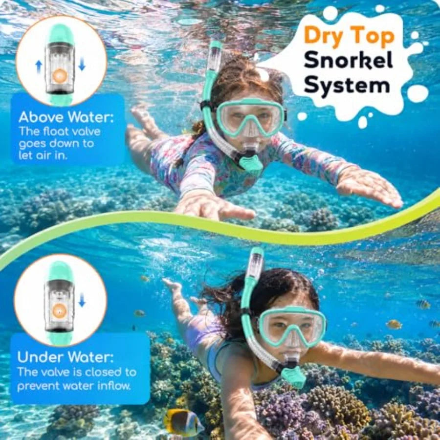 Snorkel Set, Anti-Fog Panoramic Tempered Glass Snorkel mask, Anti-Leak Scuba Diving Mask with Mesh Bag, Dry Top Snorkeling Gear