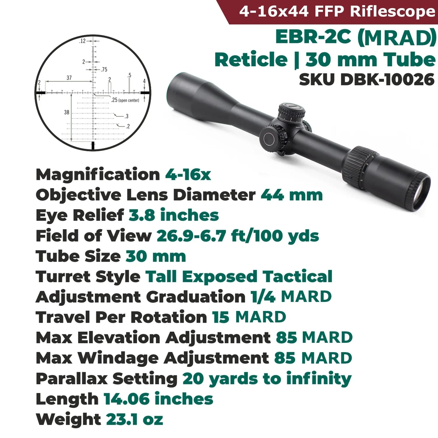 100% Original Tactical Optics 4-16x44mm FFP Scope  First Focal Plane 30mm Tube EBR-2C (MRAD) Reticle Scope for Hunting