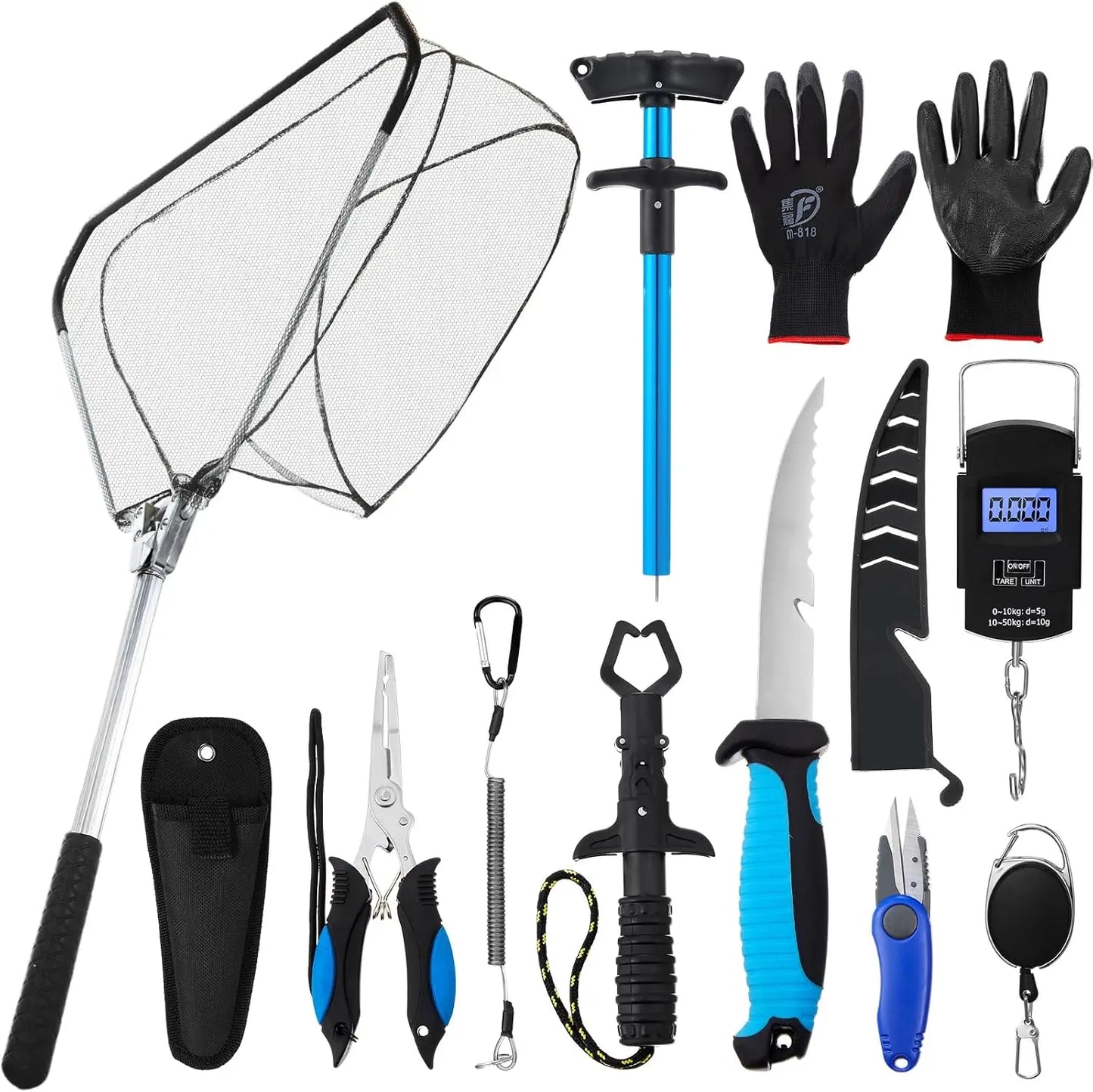 10 Pcs Multi Function Fishing Tool Set Include Fishing Pliers With Lanyard & Protective Sheath Landing Net Fillet Knife Fish Scale Fish Gripper Hook Remover Braid Scissors Fishing Gloves Ideal Gift For Anglers Father
