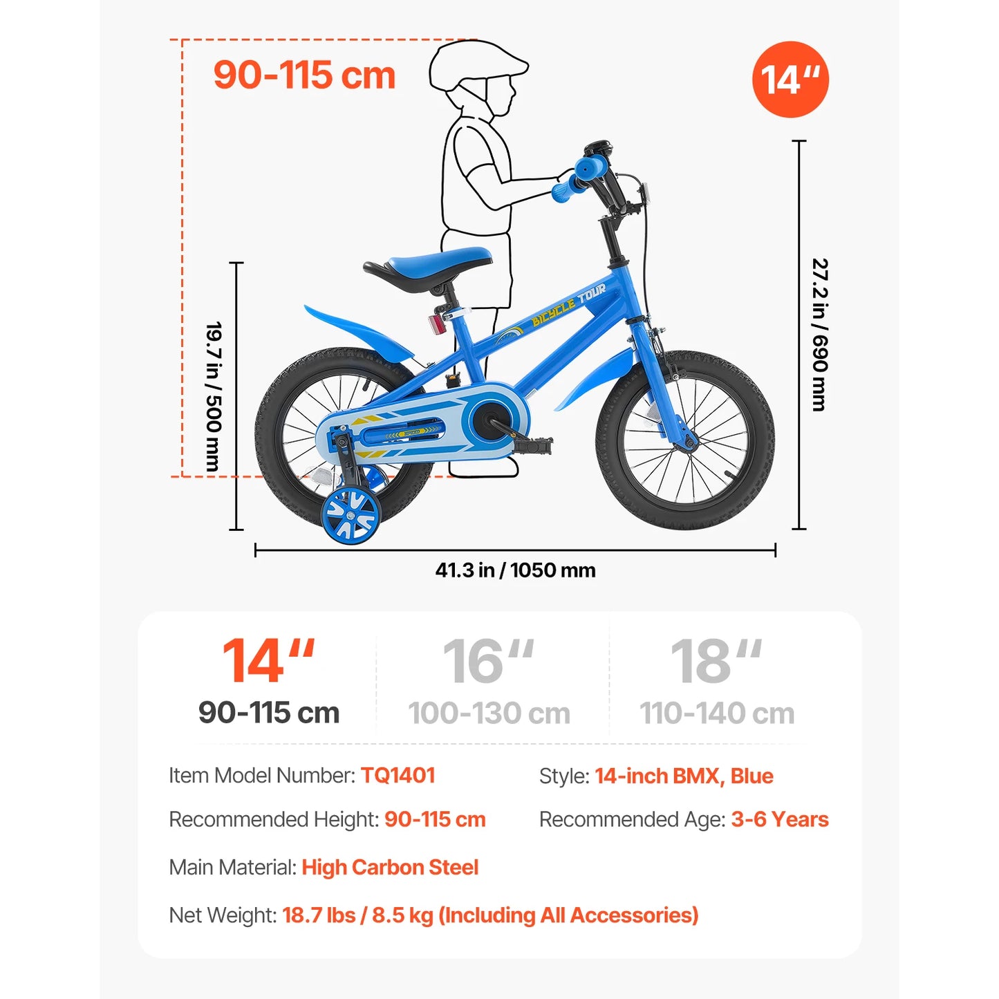 14/16/18in Kids Bike BMX Style Children Bicycle with Training Wheels Toddler Bike for Boys & Girls Learning to Ride