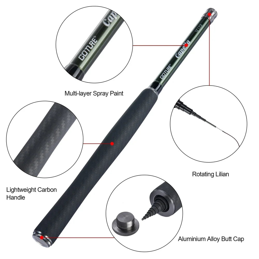 Goture 12FT/3.6M Fly Fishing Rod Combo 30T Carbon Fiber Portable Telescopic Tenkara Rod for Travel Trout Bass Crappie