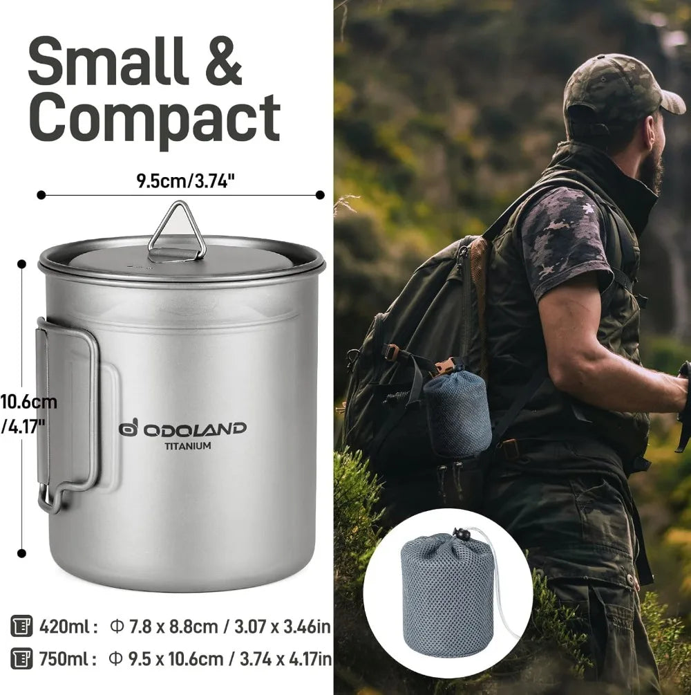Titanium Camping Cookware Set 420ml & 750ml Pots with Lid and Spork Lightweight for Backpacking Hiking Travel