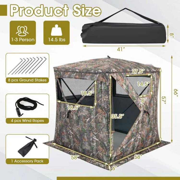 2-3 Person Hunting Blind Portable Pop Up Camouflage Ground Tent W/Storage Pocket