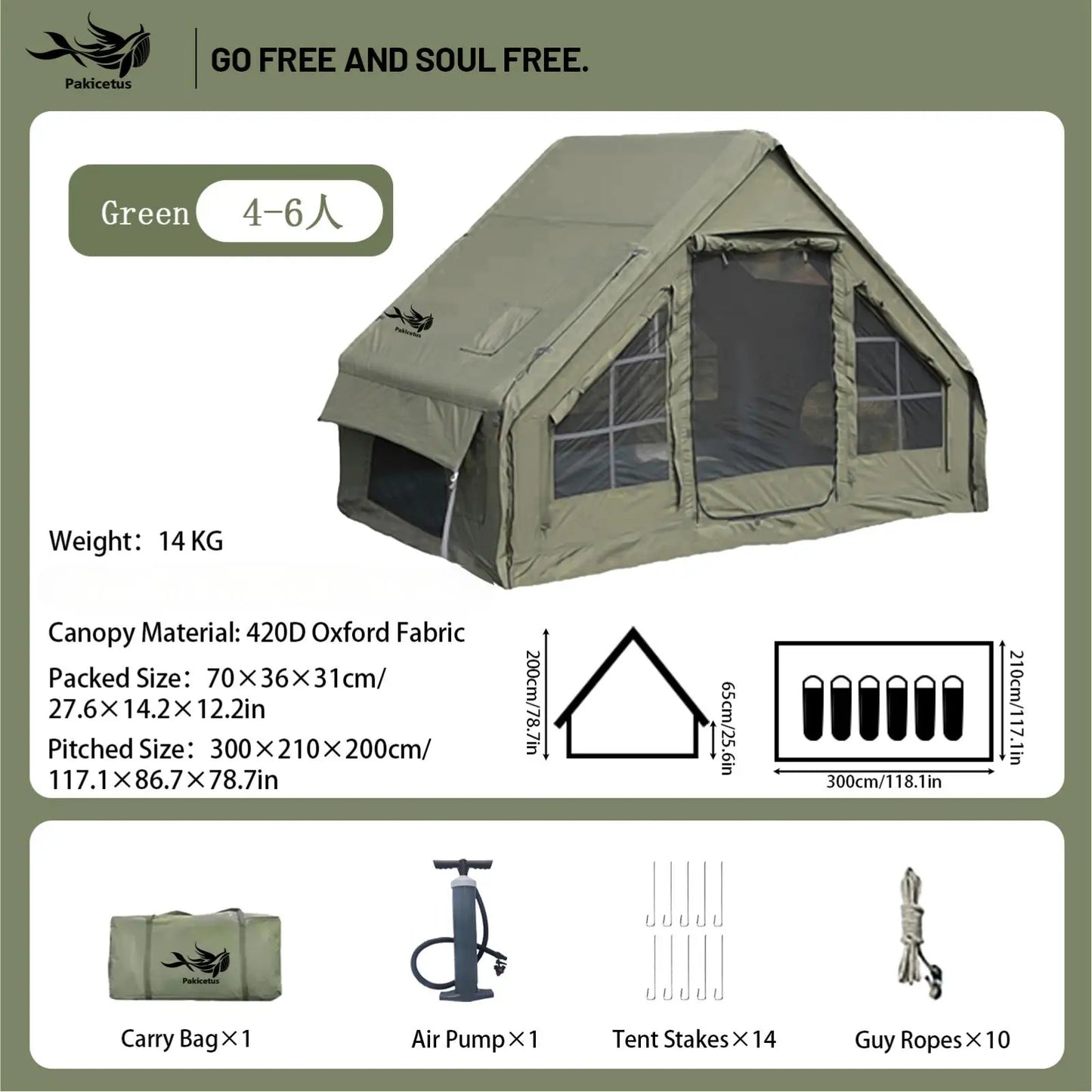 Pakicetus Quick Setup Inflatable Camping Tent, Waterproof Family Tent for 4-8 Persons, Portable Air Tent with Carry Bag