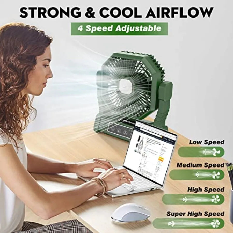Portable Fan, Camping Fan with LED Lantern and Remote, 4 Speed and 4 Timing Rechargeable Fan for Tent Travel Camping Picnic Bea