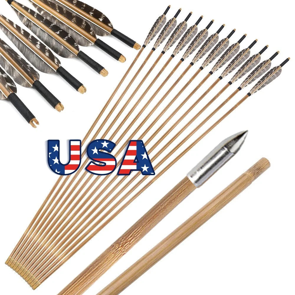 12pcs 33'' Archery Bamboo Arrows 5" Natural Feather with Arrowheads Archery Longbow Traditional Bow Hunting Shooting Target