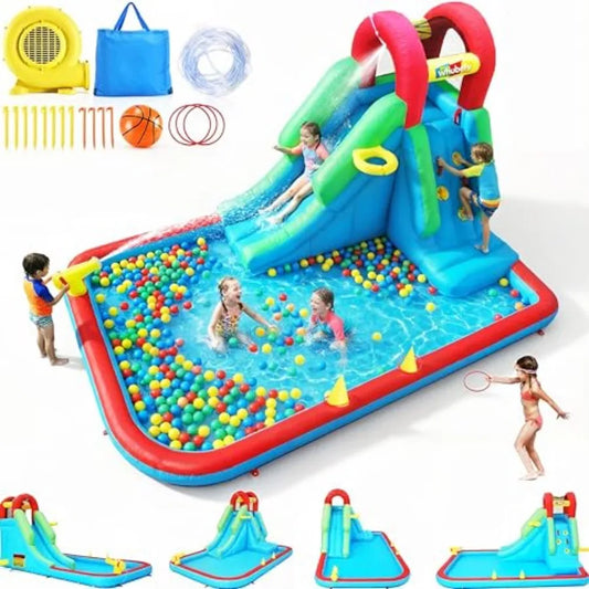 Inflatable Water Slide for:PVC, Blue, 8-in-1 Compact Backyard Outdoor Water Park with Long Slide, Ring Toss, Basketball Hoop, W