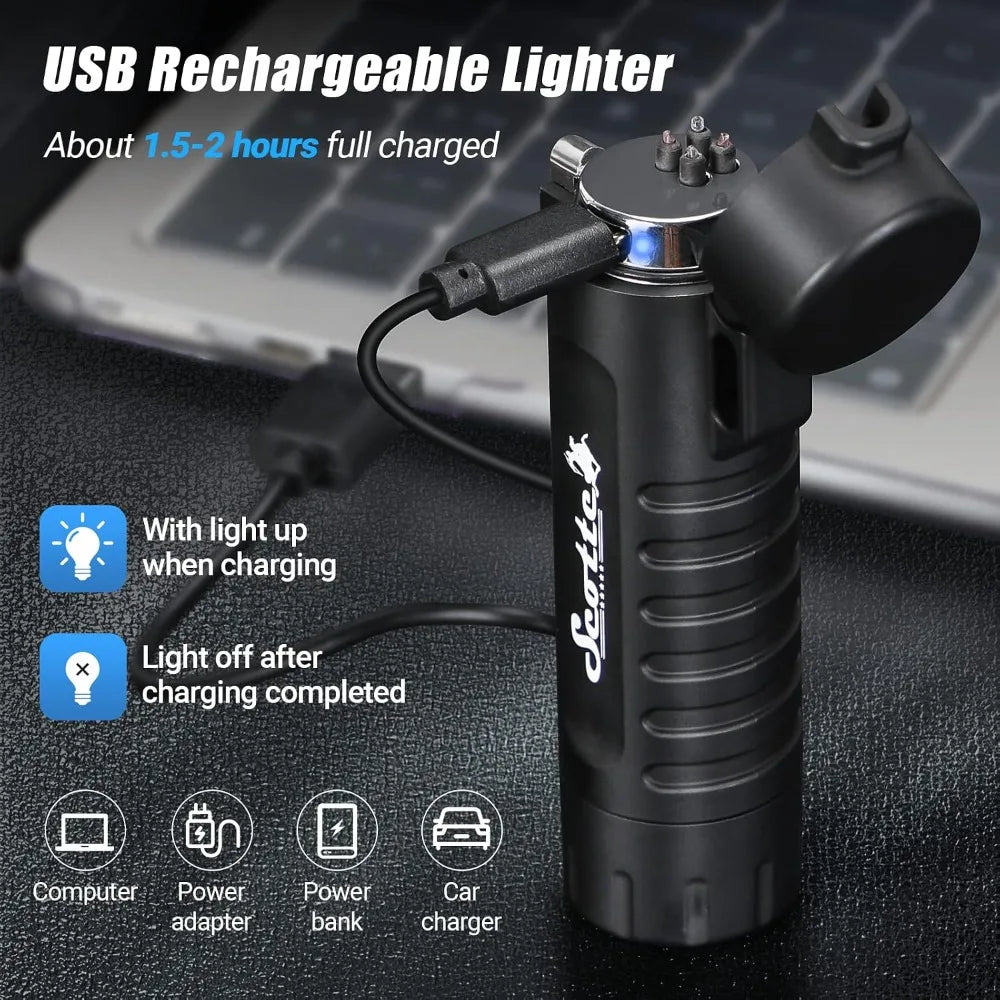 2-in-1 Plasma Lighter & LED Flashlight with 5-in-1 Fire Starter for Camping, Hiking, Survival