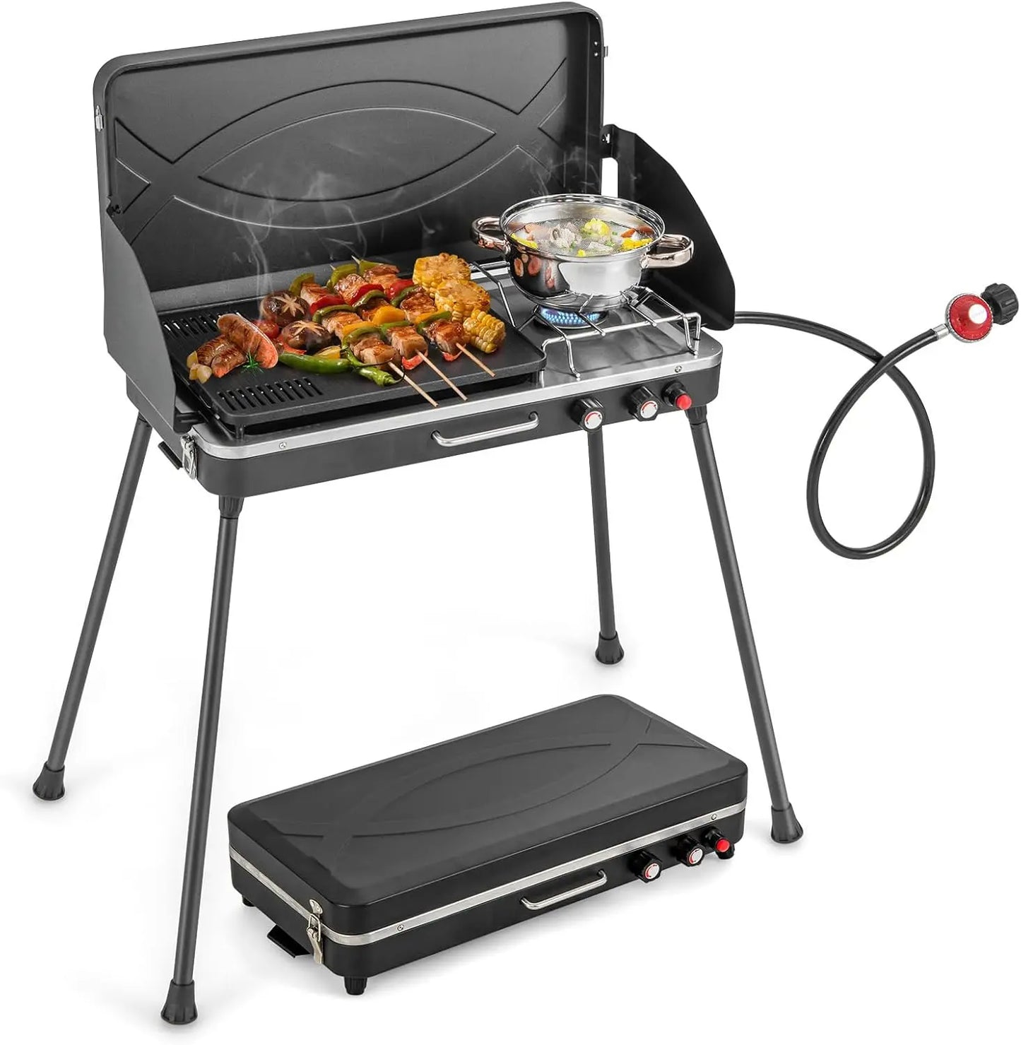20,000 BTU Portable Propane Grill & Camping Stove, 2-in-1 BBQ Cooker with Wind Guard, Detachable Legs, for Outdoor Cooking