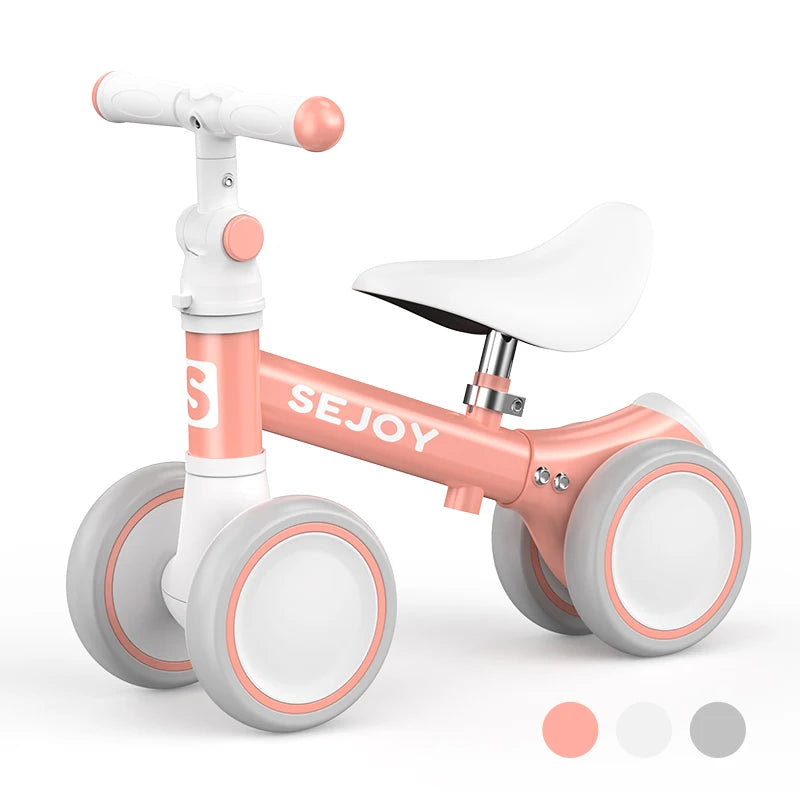 SEJOY Baby Balance Bike Ride Toy for 1-3 Year Adjustable Seat,,Pedal-free 4-Wheels Baby Toddler, Sturdy Steel Frame, Non-Slip Handles, Soft PU Seat, Indoor Outdoor Play, First Birthday Gift for Toddler Boys Girls