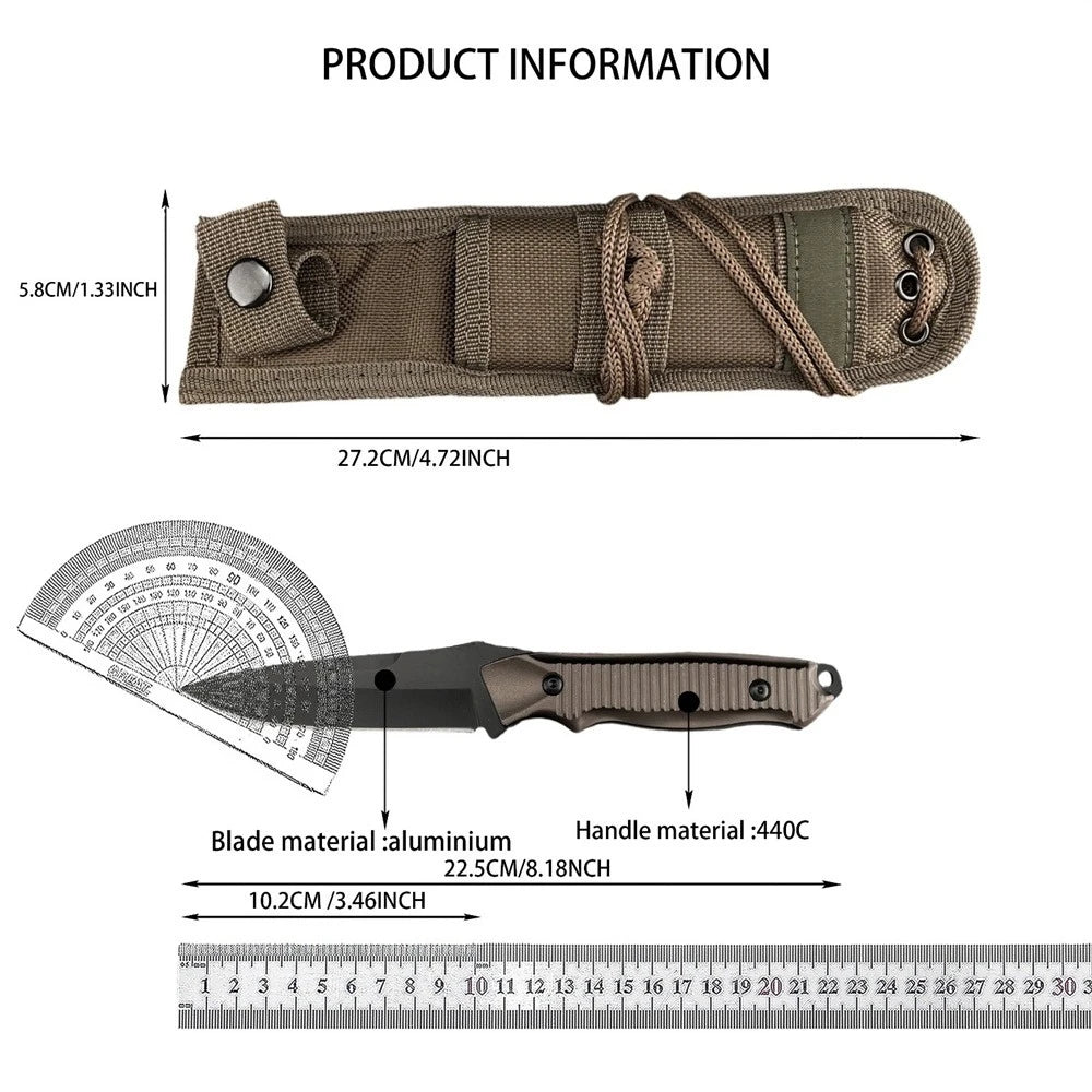 Hiking Knife Durable Black-Coated 440C Blade Aluminum Handle Brown Sheath Jungle Camping Outdoor Adventures Perfect Holiday Gift