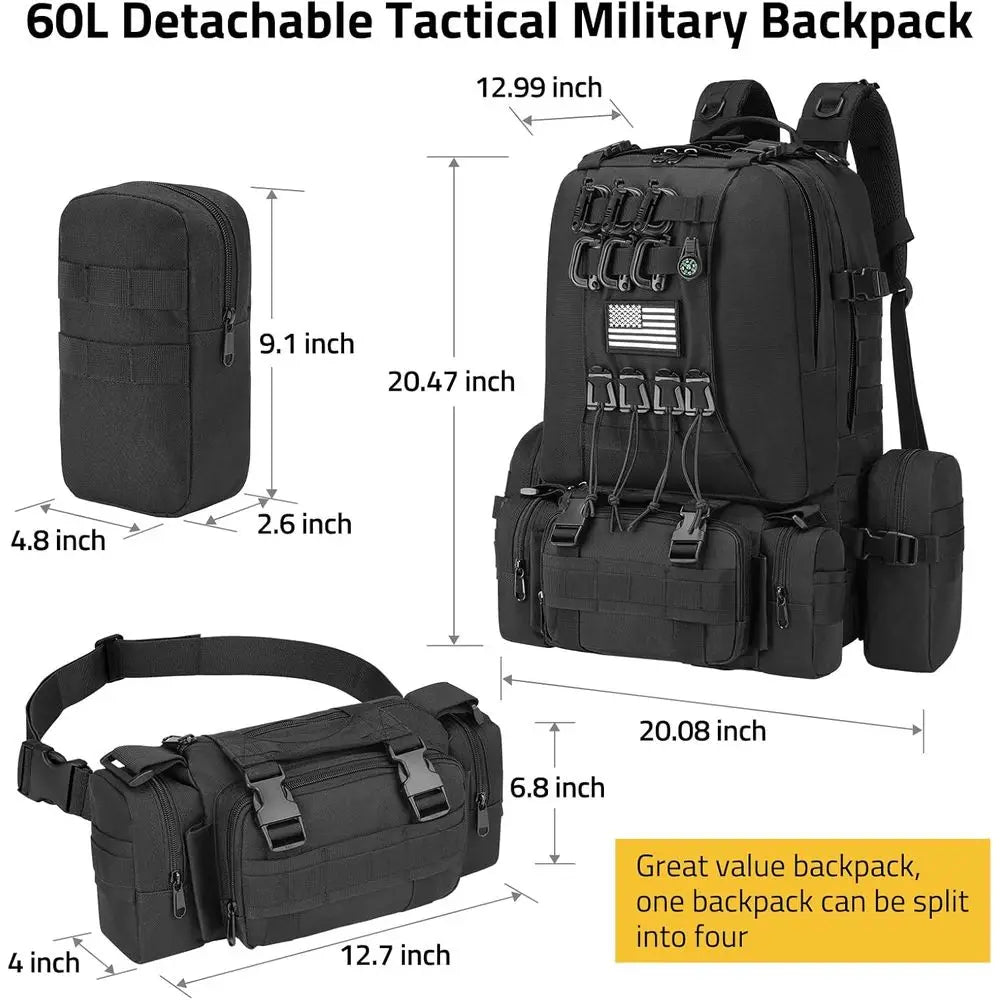60L Military-Style Backpack with MOLLE System, D-Ring, and Compass for 3-Day Survival, Hiking, and Camping