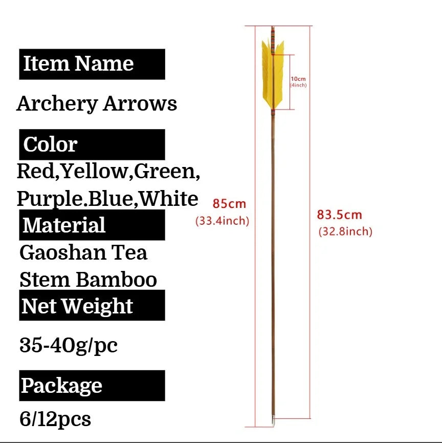 Bamboo Arrows 12pcs 33.4" OD 8mm with 4" Turkey Feather Slotted Nock 6 Color Archery Arrows for Traditional Longbow Compound Recurve Bow Hunting Shooting Target Practice Accessories