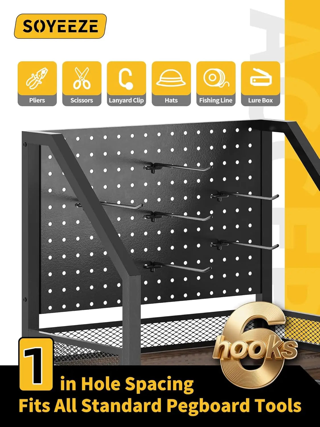 Rolling Fishing Rod Rack with Pegboard & Hooks, Holds Up to 12 Poles, Garage Storage Cart with Wheels for Tackle & Reel Organization