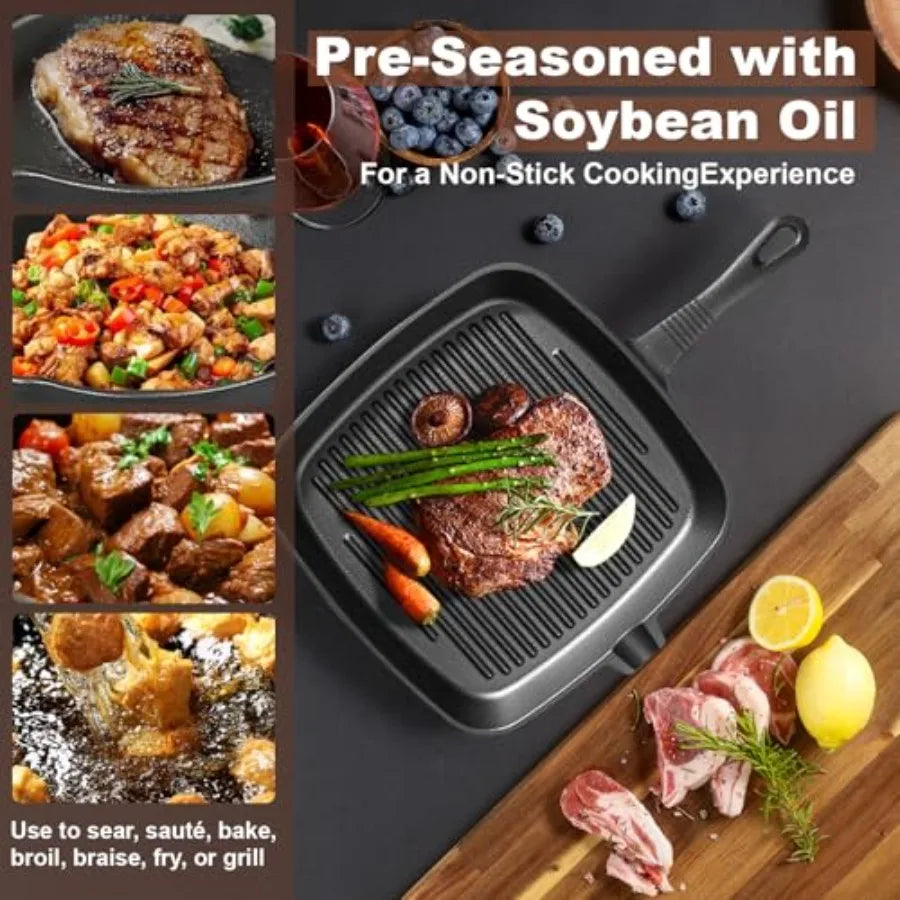 Pre-Seasoned Cast Iron Skillets, 4-Piece Durable Cookware Set in Black with Heat-Resistant Handle Covers for Grill, BBQ, Campin