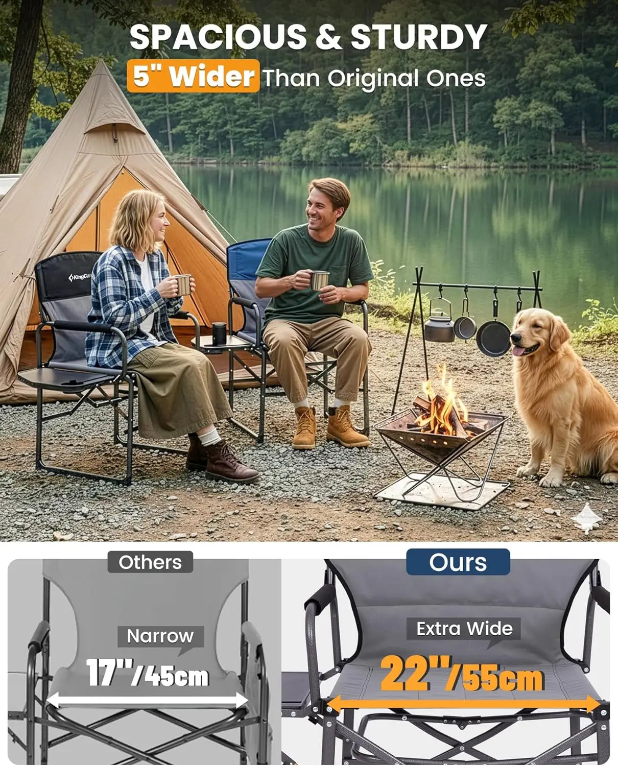 Heavy Duty 440lbs Folding Camping Chair with Side Table, Wide Seat & Anti-Sag Fabric, Easy Setup for Outdoor Lawn Fishing RV