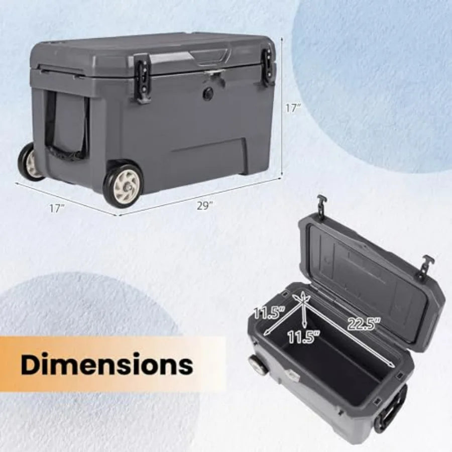 Portable Hard Cooler for Camping, Fishing, Beach: Rotomolded Polyethylene, Gray, 6-Day Ice Retention, Rolling Design with Teles
