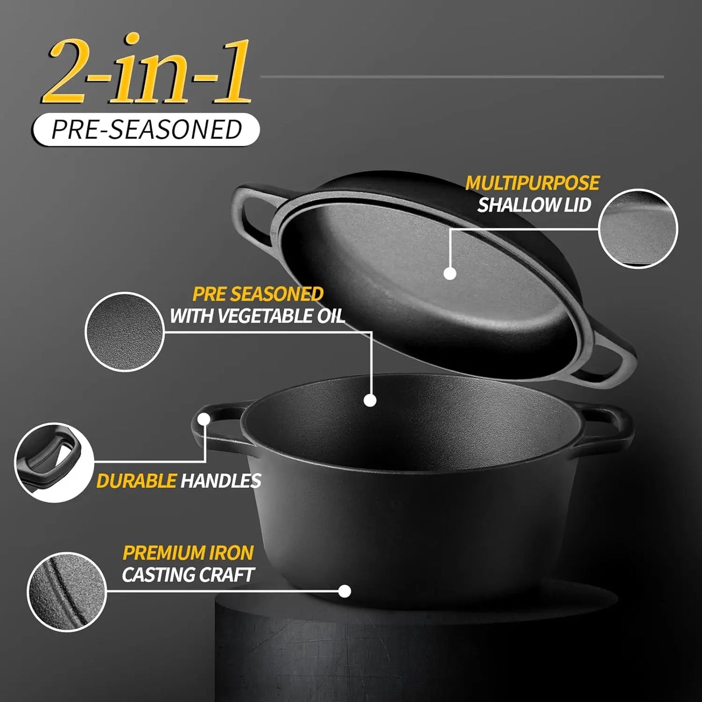Pre-Seasoned Cast Iron Dutch Oven with Skillet Lid, 2-in-1 Cooking Pan Set, 7QT Dual Handles for Baking, Frying, Camping