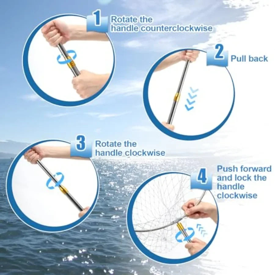 Boat and pier fishing application: stainless steel handle heavy duty fishing net, black, foldable lightweight design with 83-in