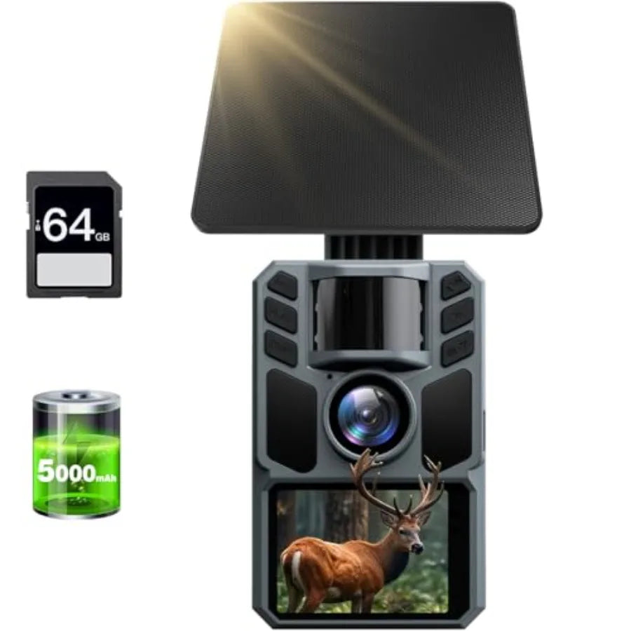 Wildlife hunting outdoor trail camera: 4K 64MP, IP67 waterproof, solar powered, night vision, motion activated, 5000mAh recharg