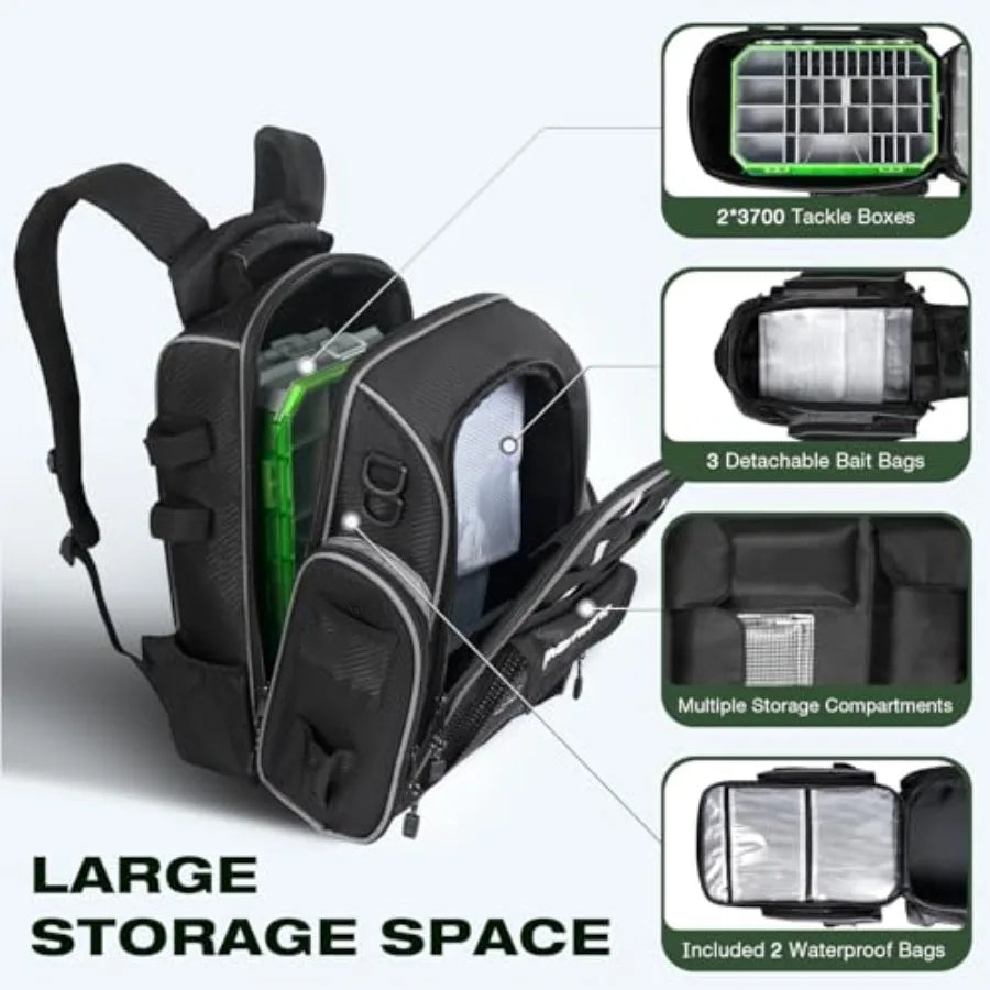 Fishing Backpack 2 * 3700 Tackle Boxes 40L Waterproof Tackle Backpack with Rod Holders Large Outdoor Storage Tackle Bag for Fis