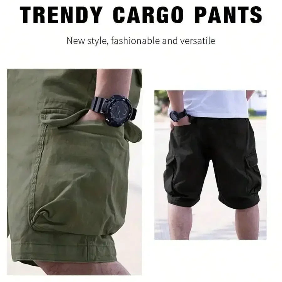 Mens Solid Color Multi-Pocket Casual Cargo Shorts For Outdoor Hiking Cycling